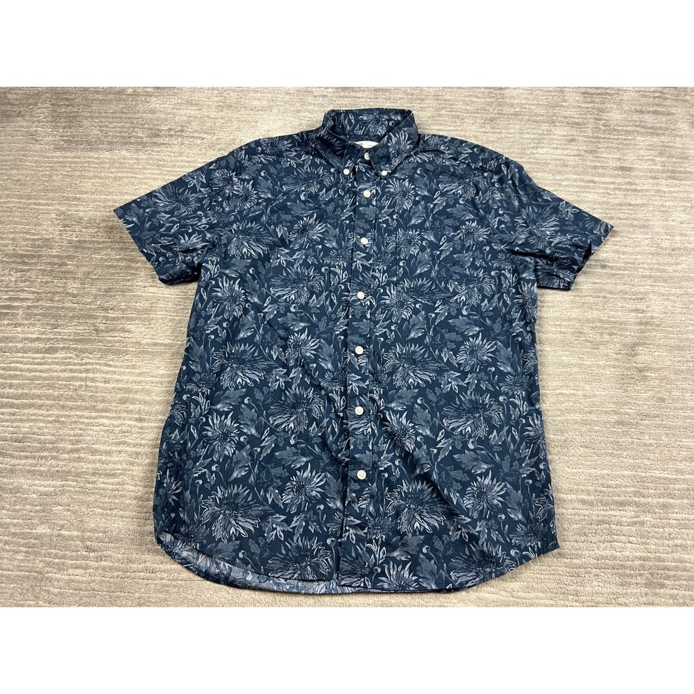 Sonoma Button Down Mens Large Navy Blue Floral Short Sleeve Cotton Stretch Shirt